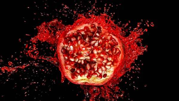 Freeze motion of sliced pomegranate with splashing juice. — Stock Photo, Image