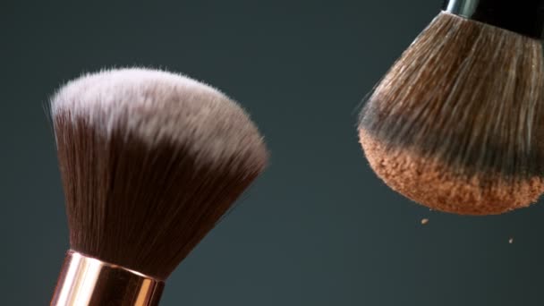 Make-up kartáče se navzájem dotýkají na tmavém pozadí a malé částice kosmetiky. — Stock video