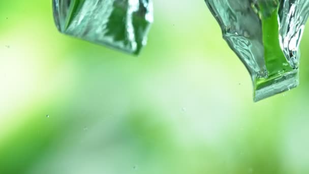Super Slow Motion Shot von Aloe Vera Cuts fällt ins Wasser auf grünem Hintergrund — Stockvideo