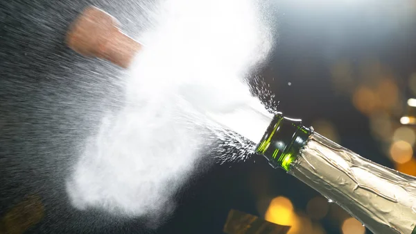 Champagne explosion with flying cork closure. — Stock Photo, Image