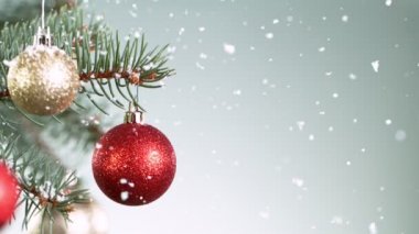 Kar Taneleri Düşen Noel Spruce şubeleri. Süper Yavaş Hareket.