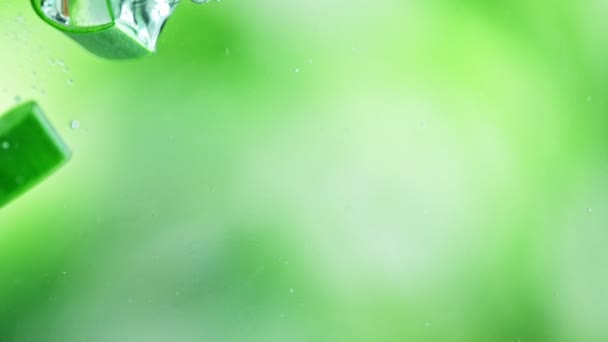 Super Slow Motion Colpo di Aloe Vera Tagli Cadendo in acqua su sfondo verde — Video Stock
