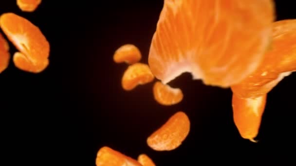 Piezas de mandarina fresca cayendo sobre fondo negro — Vídeo de stock