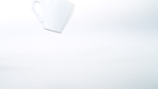 Super rallentatore colpo di caduta tazza di caffè con chicchi di caffè tostati — Video Stock
