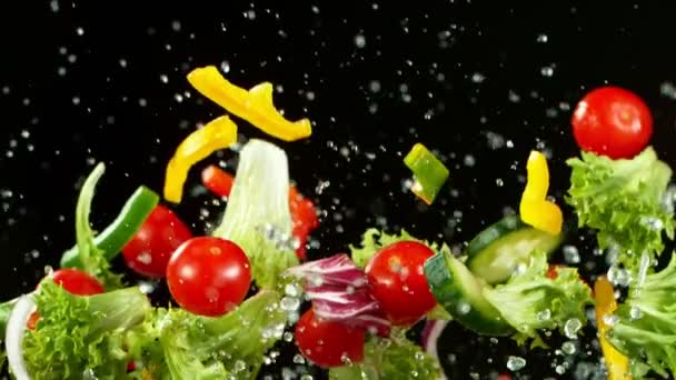 Super-Zeitlupe Schuss fliegender frischer Salat. — Stockvideo