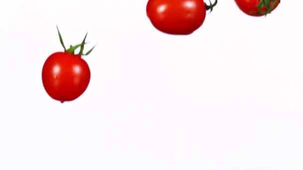Свіжі вишневі помідори потрапляють у воду в супер повільному русі . — стокове відео