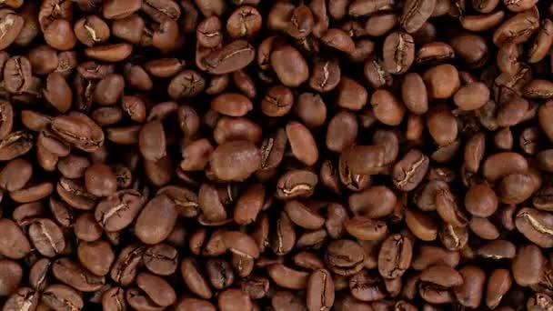 Super lent plan de mouvement de grains de café torréfiés en mouvement — Video