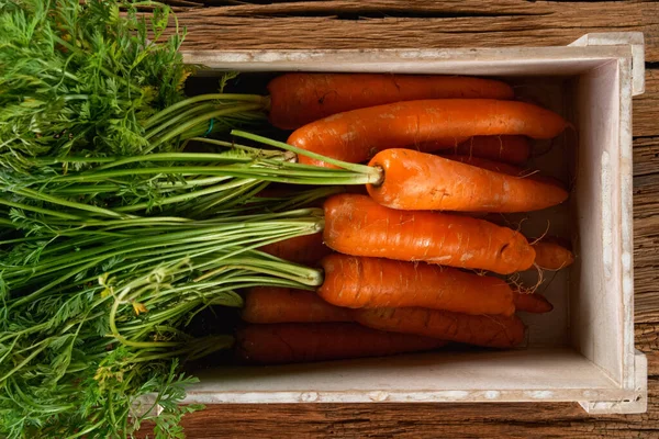 Frische Bio-Karotten in einer Holzkiste. — Stockfoto