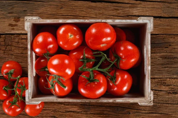 Tomates orgânicos frescos em uma caixa de madeira. — Fotografia de Stock