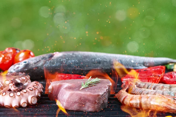 Surtido de deliciosa carne de pescado a la parrilla con verduras. — Foto de Stock