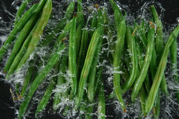 Chute des haricots verts frais récoltés, éclaboussures d'eau lors de l'impact — Photo