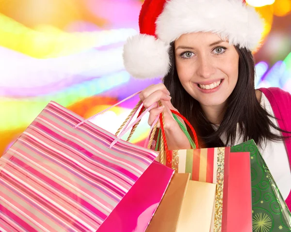 Tineri femeie frumoasă, cumpărături de Crăciun . — Fotografie, imagine de stoc