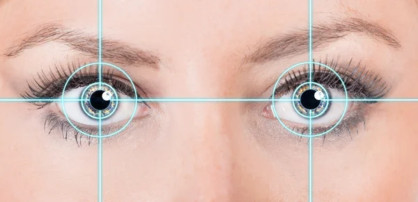 Close-up woman eyes with laser medicine. — Stock Photo, Image