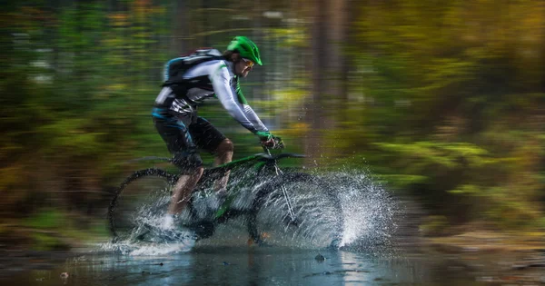 Mountainbiker versnellen door bos stroom. — Stockfoto