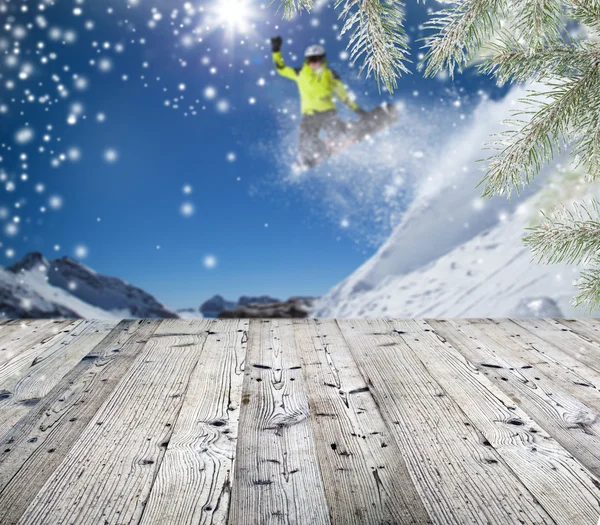 Winter background with wooden table