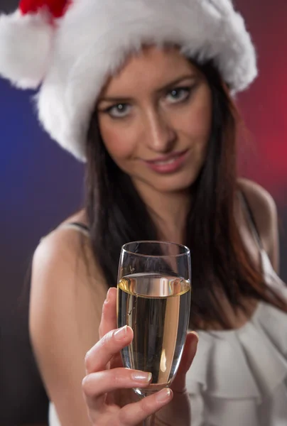 Santa girl with champagne glass — Stock Photo, Image