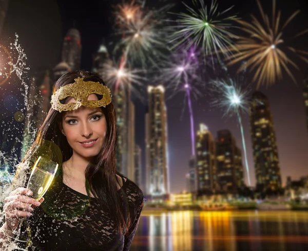 Young brunette woman with champagne glass — Stock Photo, Image