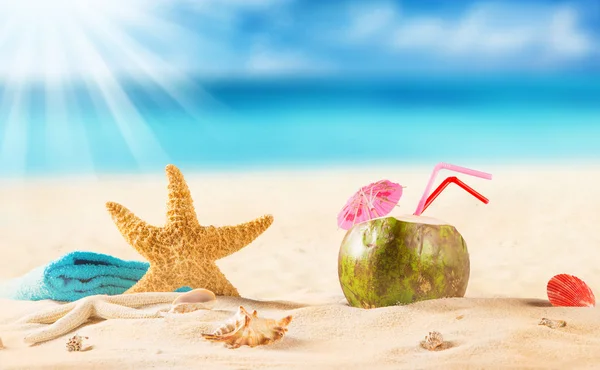 Летний кокосовый коктейль на пляже — стоковое фото