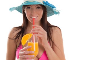 Genç seksi esmer pembe mayo