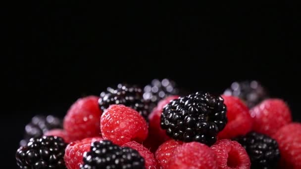 Frische Beeren auf schwarzem Hintergrund. — Stockvideo