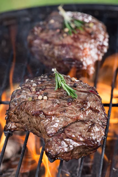 Beef steak on garden grill — Stock Photo, Image