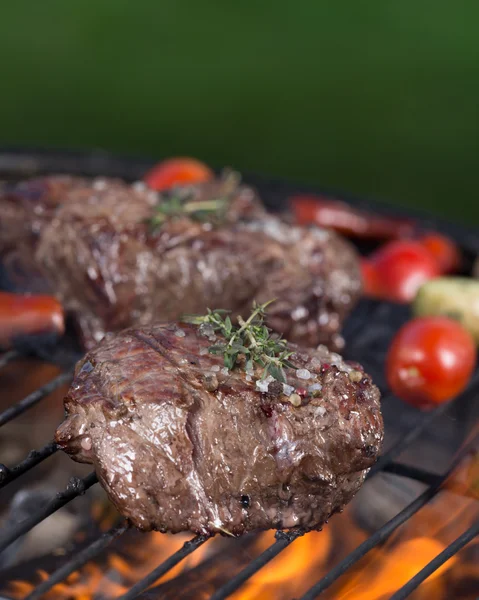 Beef steak on garden grill — Stock Photo, Image