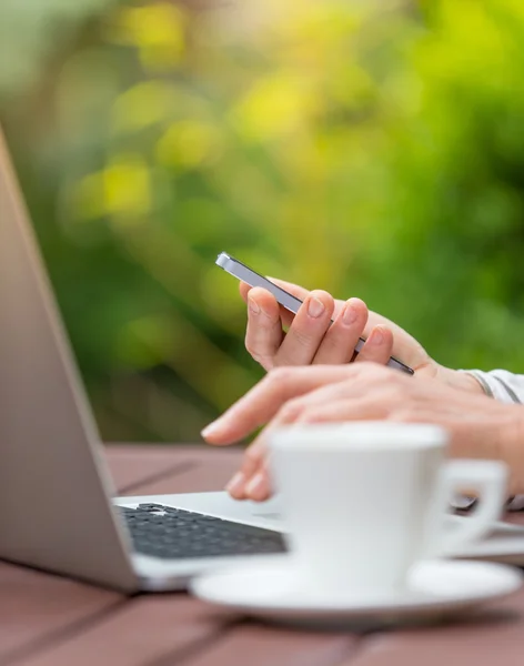 Laptop ile Bahçe üzerinde çalışan kadınlar