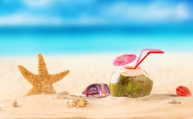 Yaz Hindistan cevizi içmek sahilde.