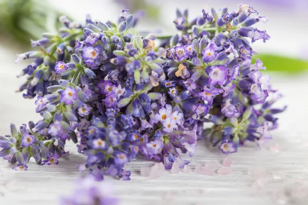 Flores de lavanda em mesa de madeira . — Fotografia de Stock