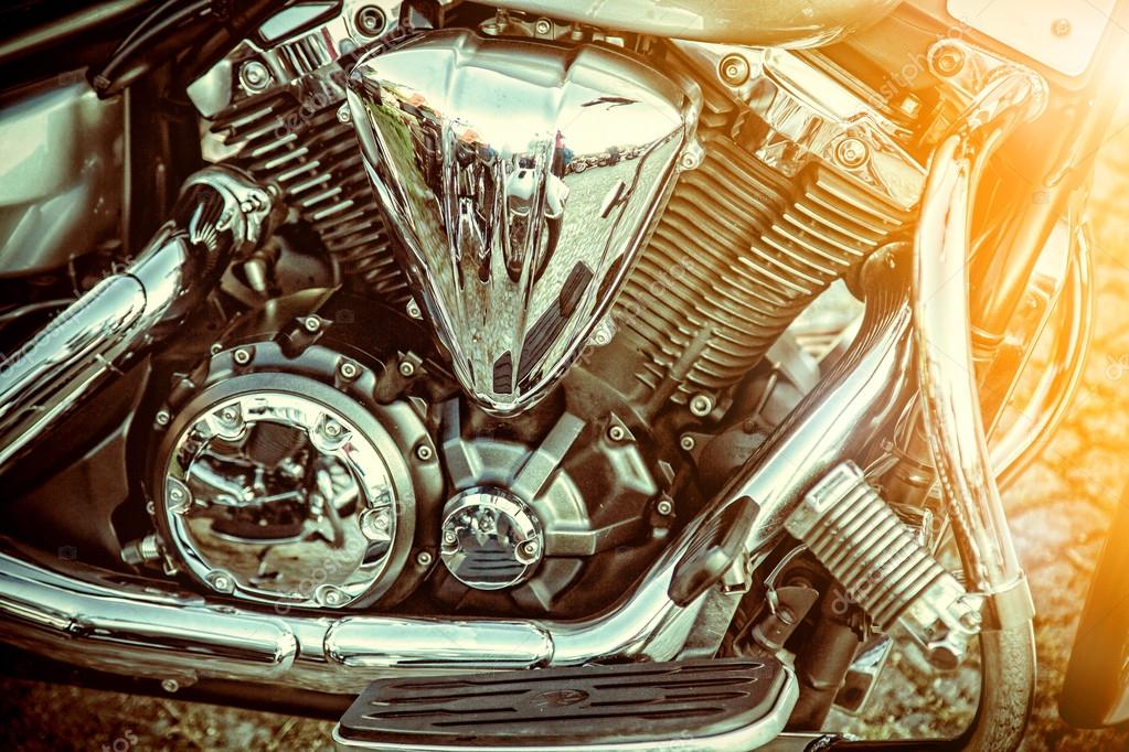 Close up of a high power motorcycle, classic vintage style.
