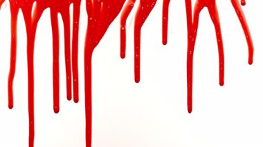 Süper Yavaş Çekimde Kan Parçacıkları Damlıyor. Beyaz Arka plan 'da izole edilmiş. Soyut Leke Oluşturan Kan Damlacıklarının Yüksek Hızda Sinematik Çekimi