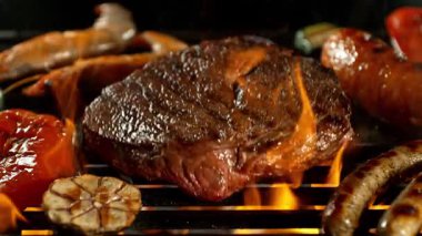 Kükreyen Alevlerle Mangalda Mangal Et Yavaş Hareketi. Kamera Hareketi, Yüksek Hız Sinema Kamerası 'nda 1000 FPS' de çekildi. .