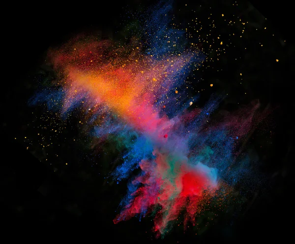 Launched colorful powder on black background — Stock Photo, Image