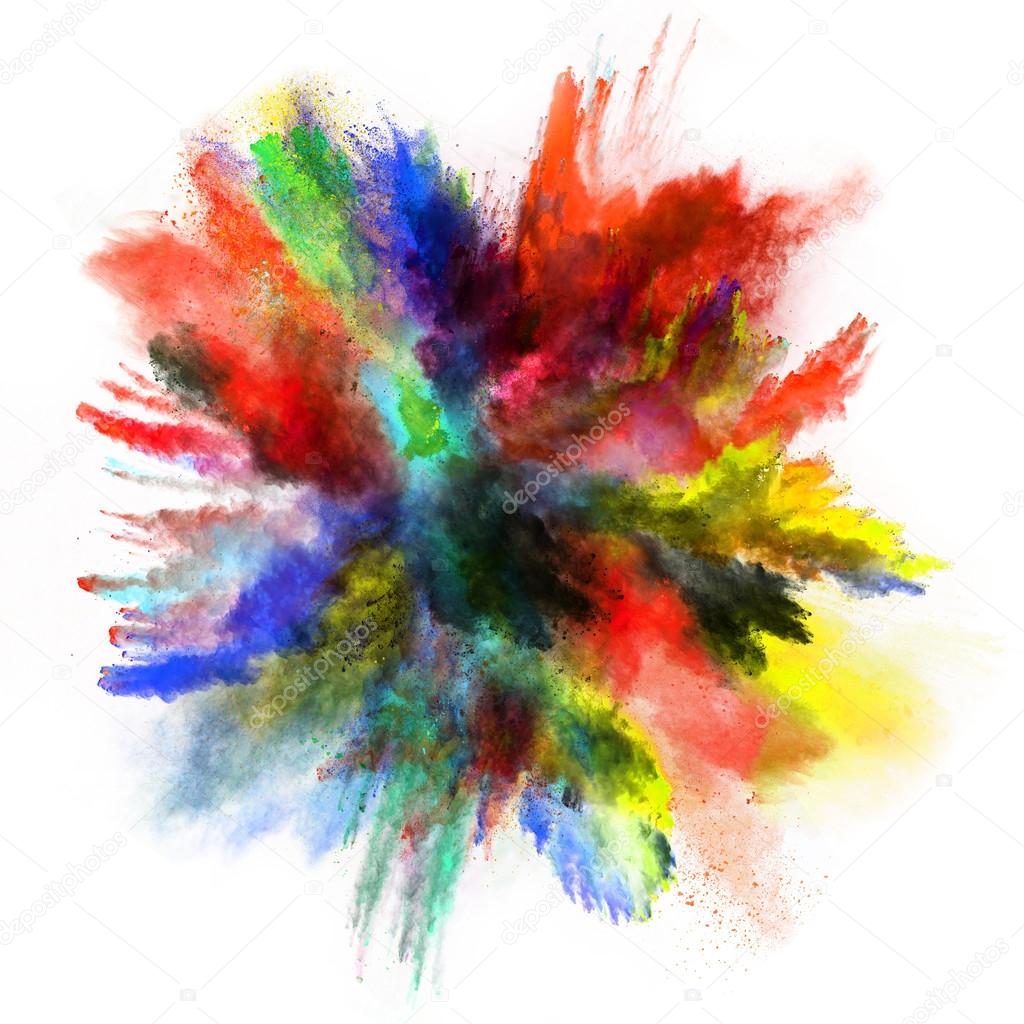 Launched colorful powder on white background