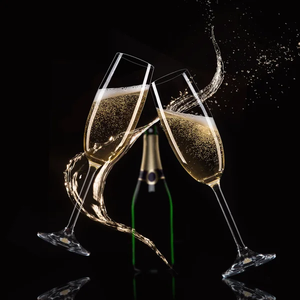 Bicchieri di champagne con spruzzi, tema celebrazione . — Foto Stock