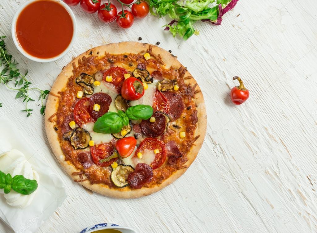 Delicious italian pizza served on wooden table