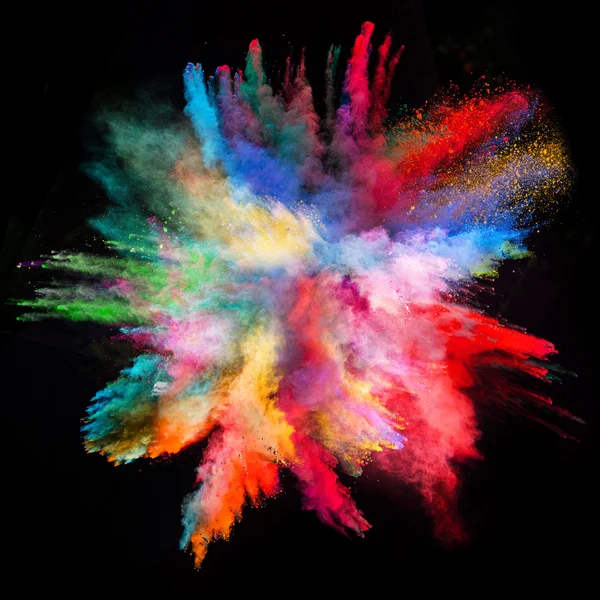 Launched colorful powder on black background — Stock Photo, Image