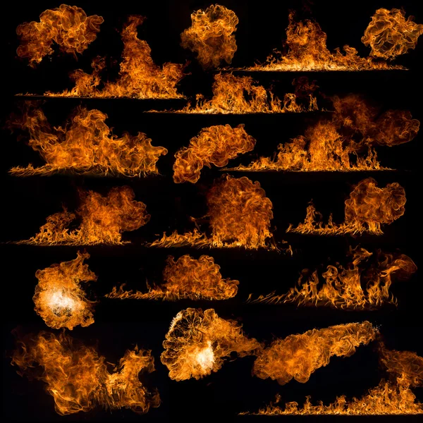 Collection de flammes de feu sur fond noir — Photo