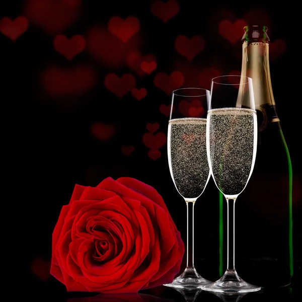 Valentine day with champagne and roses — Stock Photo, Image