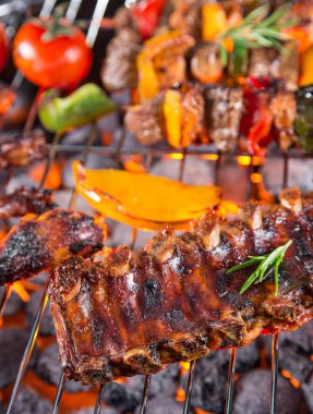Barbekü ızgara et çeşitli türleri ile.