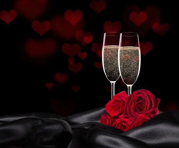 Valentine day with champagne and roses — Stock Photo, Image