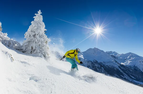 自由式滑雪在新鲜粉雪. — 图库照片