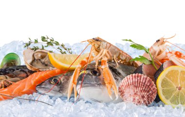 Kırılmış buz üzerinde taze deniz ürünleri.