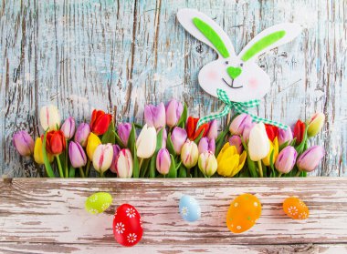 Ahşap masa üzerinde yumurta ile renkli Lale.