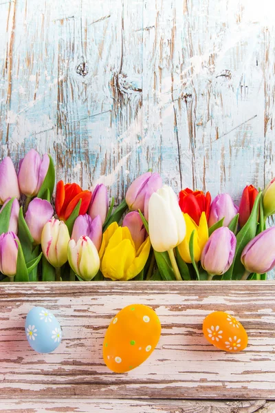 Colorful tulips with eggs on wooden table. — Stock Photo, Image