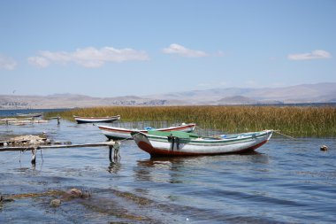 Tekneler üzerinde reed Titicaca Gölü kıyısındaki Bolivya