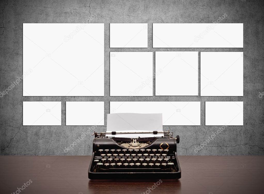 typewriter and blank placards