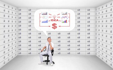 güvenlik güvenli odada oturan ve düşünme hakkında iş başarı işadamı