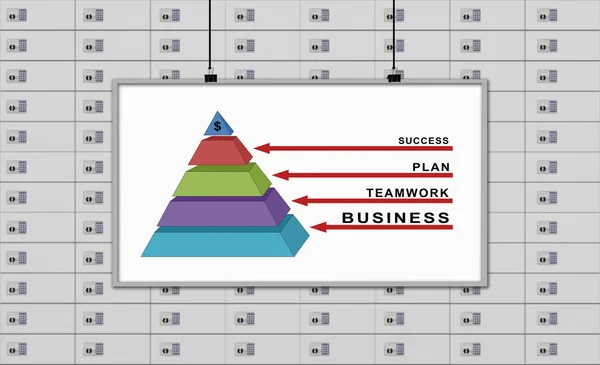 Placa branca com desenho pirâmide de negócios em um fundo caixas de depósito — Fotografia de Stock
