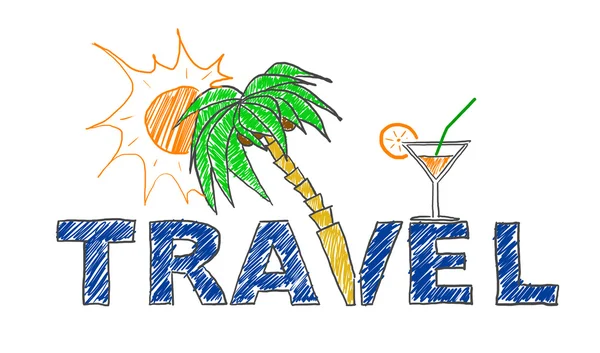 Illustration travel text with palm and cocktail, 3D Rendering — Stock Photo, Image